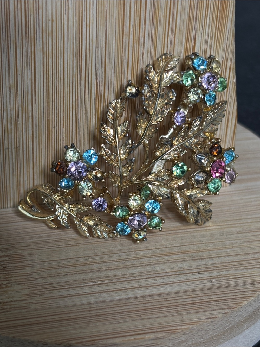 Vintage Coro Gold-Tone Floral Crystal Brooch - Multicolor Elegant